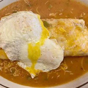 Daily special ~ potato, bean, and two egg burrito with green chile