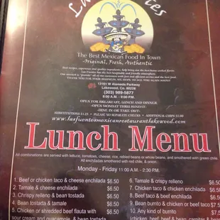 Las Fuentes menu