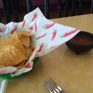 Chips and salsa waiting at the table when you sit