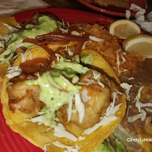 Baja Shrimp tacos. Rice &amp; beans