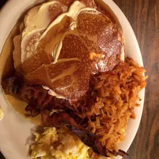 The pancake breakfast plate with hash browns added