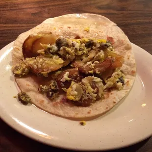 The sausage egg and potato taco.