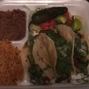 Pastor tacos, rice &amp; refried beans (to-go)