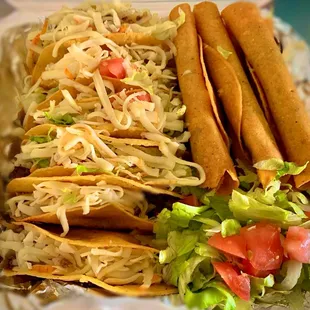 Family pack with half tacos and half flautas.