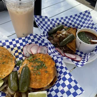 Al Pastor Mulitas, horchata, birria quesataco