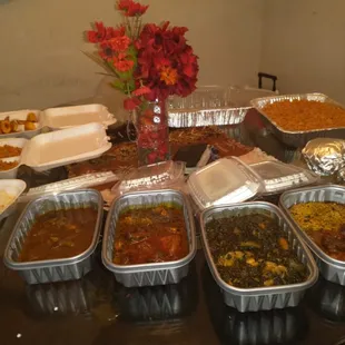 Egusi soup Efo riro, ogbono soup, goat meat pepper soup, white rice and stew,jollof rice, fried plantain and fufu.