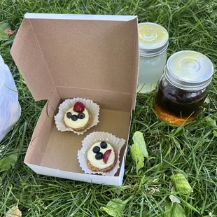 Fruit tarts and drinks