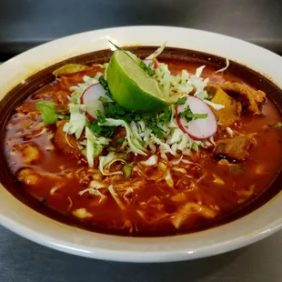 Pozole, Pork stew with cabbage, onions, cilantro and lime. Simply the best in town.