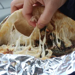Quesdailla with desebrada or slow-cooked shredded beef
