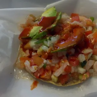 Tostada ceviche.  It&apos;sssssss Great! Comes in shrimp and crab