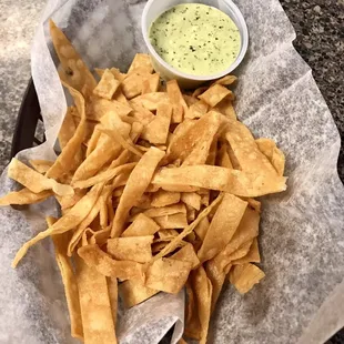 Tortilla strips and dip they bring to the table - delicious!