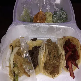 From Left to Right: Barbacoa, Carnitas, and Trompo Tacos