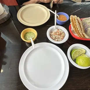 Ceviche, spicy salsa, tostadas.