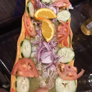 a long platter of vegetables