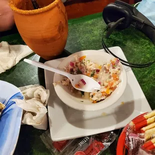 Complimentary ceviche that's given once you place your drink order