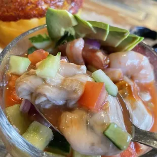 Vuelve a la Vida seafood cocktail: oysters, shrimp, and octopus