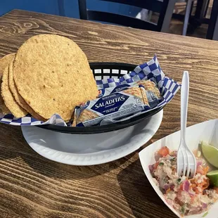 Complimentary fish ceviche and tostadas
