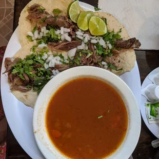 Tacos of Borrego/sheep with Consome soup. Tacos de Borrego y Consome.