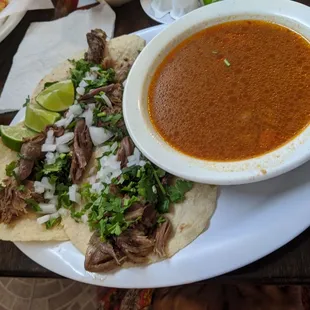 Tacos of Borrego/sheep with Consome soup. Tacos de Borrego y Consome.