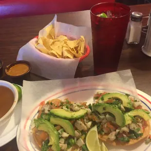 Friday lunch special Ceviche Tostadas w Shrimp soup, delicious!