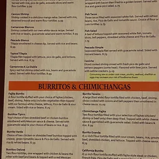 a menu for burritos and chimichangas