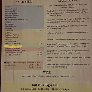 a menu for a wine tasting