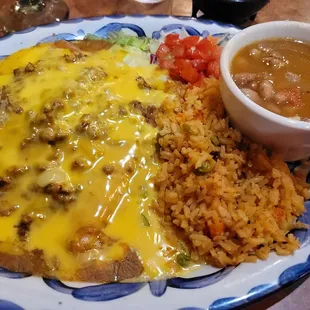 San Antonio dinner, customized with 2 cheese enchiladas and one beef, onions on the side.