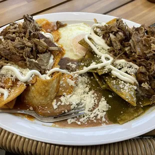 Chilaquiles Deluxe with Carnitas and Red and Green Sauce