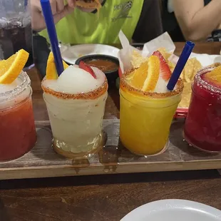 Margarita Flight, Strawberry, Cucumber, Mango and Prickly Pear.