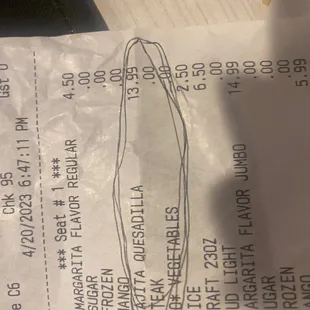 the receipt for the restaurant