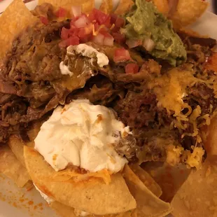 Some Super Nachos with shredded beef, sour cream, cheese, guacamole, and tomatos!