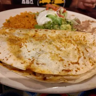 Chorizo and Shrimp Quesadilla with Rice and Beans