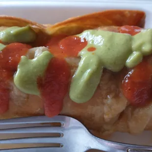 The red sauces good and spicy. I can't get enough of the green sauce!