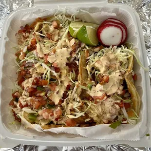 ThreeFish tacos with everything