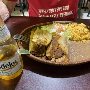 Tamales, rice Beans