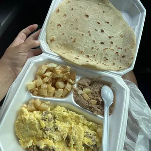 Sausage and egg plate with beans and potatoes