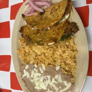 Quesabirria tacos w/ rice and beans