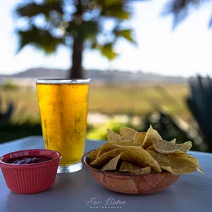 a beer and chips