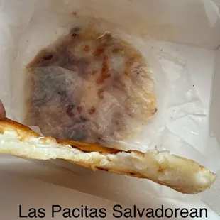 99% masa and 1% cheese/filling These are the "PUPUSAS" from Las Pacitas Salvadorean Bakery