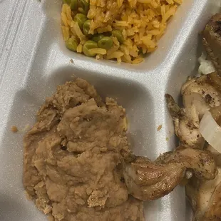 Crappy chicken fajitas, dried refried beans dried rice.  NOT breast meat as ordered.