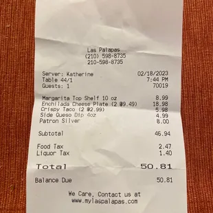 the receipt for the restaurant
