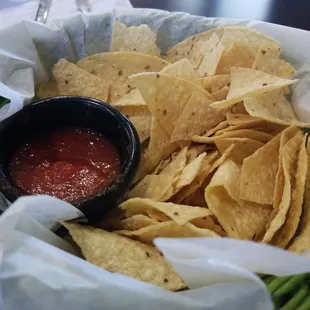 a basket of chips and salsa
