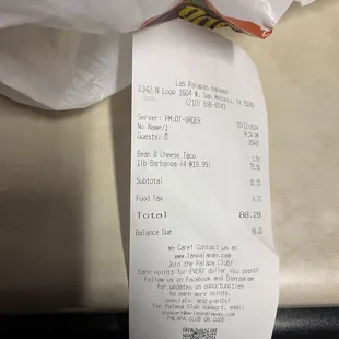 Receipt for Las Palapas