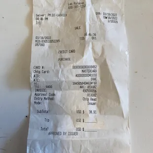 a receipt for a restaurant