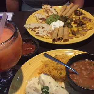 Sampler plate, enchiladas con creme and a strawberry margarita!!!