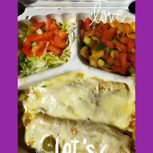 Veggie Enchiladas with Verde Sauce and veggies aand salad instead of rice and beans