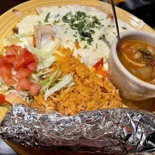 Crema enchiladas with charro beans and rice, sooo delicious, you won&apos;t see it coming!