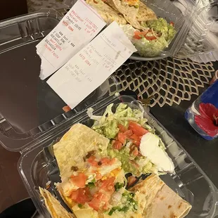 Paid for chicken and meat quesadillas and I received them without meat. Also, wrong size soups
