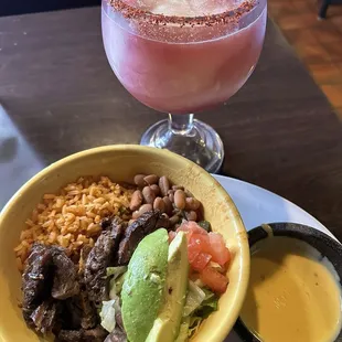 LP Super Bowl with Beef Fajita, requested queso on the side so it won't be mushy. Plus a Sangria Margarita!