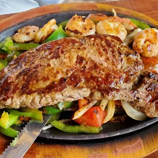 Sizzling steak &amp; shrimp - Mom was hungry after we saw In the Heights (she didn&apos;t eat it all, though).